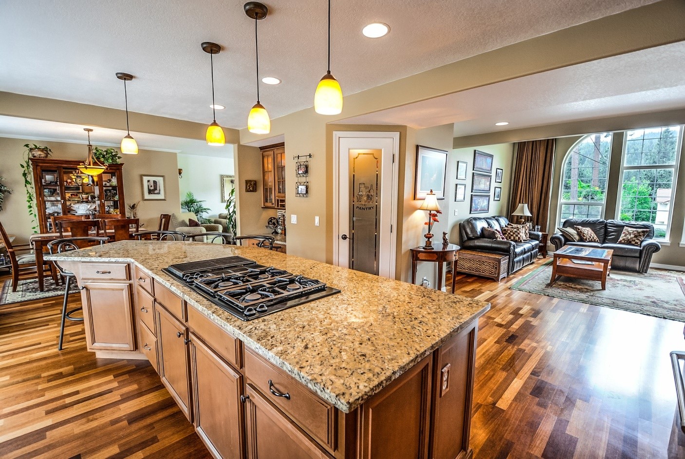 Solid Surface kitchen island overlooking the living room