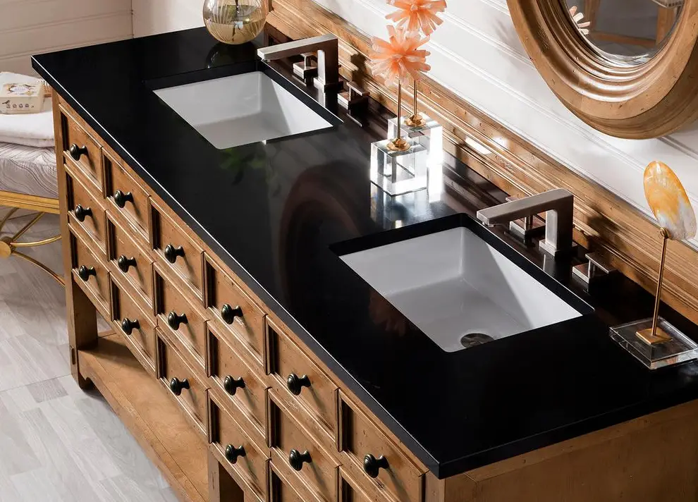 black bathroom countertops with white sinks